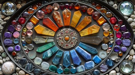 astrology-inspired mandala with vibrant gemstones, creating a mystical background with cosmic energy vibes