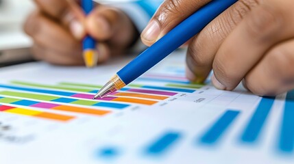 Close-up view of a business professional's hands analyzing colorful bar and line graphs on financial reports with a pencil and pen