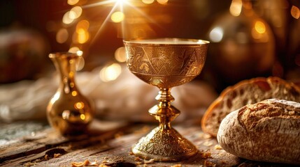 Experience the sacred ritual of Communion where the symbolic Holy Grail is served alongside unleavened bread and a chalice of wine echoing the Last Supper with the divine presence of Corpus 