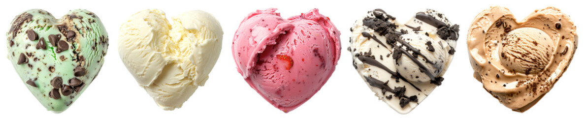 Heart shape ice cream scoops set of different shapes over isolated transparent background