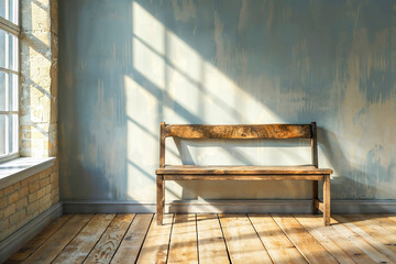 Bench in an Old Empty Room with Sunbeams Coming from the Window