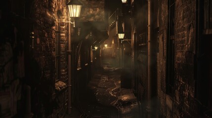 Shadowy Urban Lane with Mysterious Lanterns AI Generated.