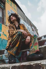 Fototapeta premium Young woman in a vibrant, colorful outfit sits casually on graffiti-covered steps, exuding an urban, contemporary vibe