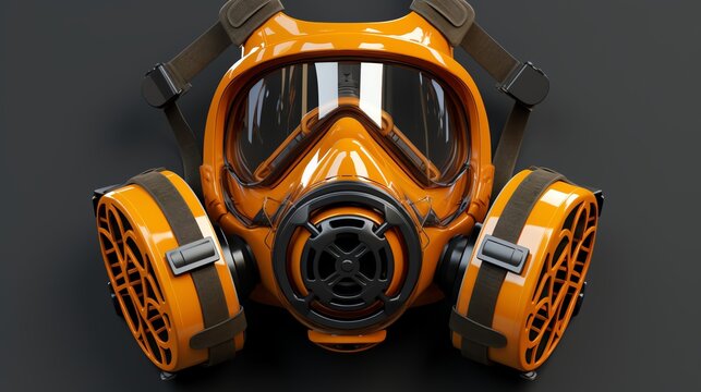 Full face orange gas mask with dual filters. Personal protective equipment.