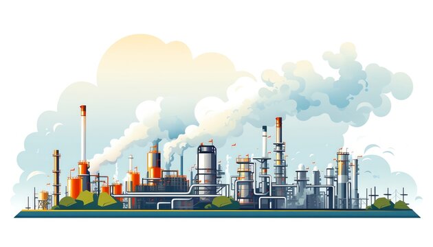 Petrochemical plant with distillation and cracking towers. Oil and gas production. Chemical industry.