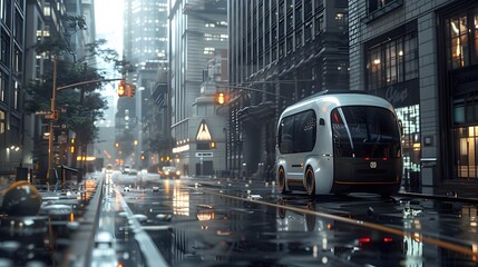 High fidelity image capturing a modern self-driving van moving along a rain-soaked street amidst...