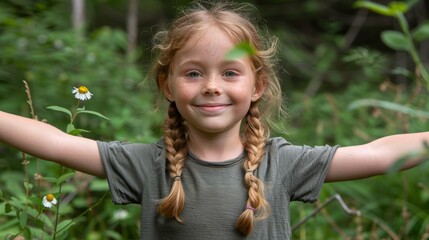 Young girl with braided hair and freckles smiling in a lush green forest, holding white daisies in the sunlight