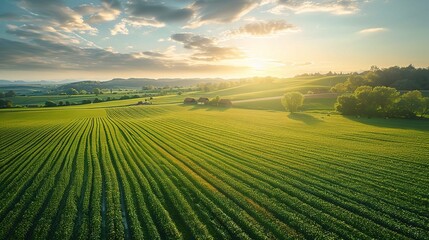 Farmland stretches out beneath the lens of an aerial camera, with fields of crops 