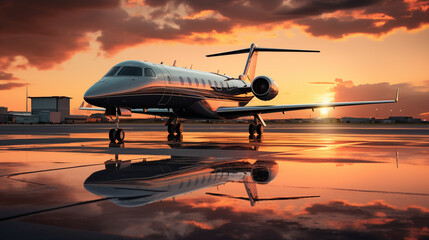 Luxury Jet on Wet Tarmac at Dusk