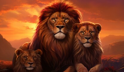 A picture of lions gathered together at sunset.
