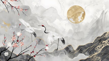Landscape with gold silhouette crane birds. Chinese wave decorations in vintage style with grey circle watercolor texture. Geometric branch of flower decoration