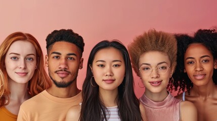 Obraz premium A diverse group of five young adults smiling confidently supports the celebration of cultural diversity and youthful optimism in a modern society