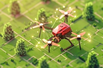 Fototapeta premium Advanced agricultural practices in futuristic farms utilize drones and hybrid vehicle technology to enhance landscape care and farm management