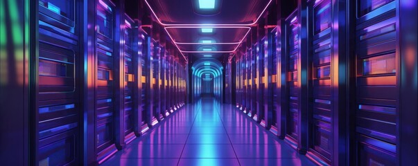 A futuristic data center with rows of servers and neon lights