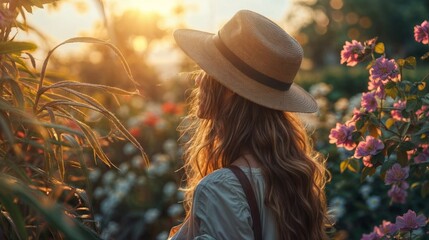 A girl in a straw hat looks at the sunset in the field.