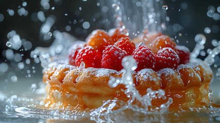 A close-up view of a freshly baked waffle topped with vibrant red raspberries and dusted with...