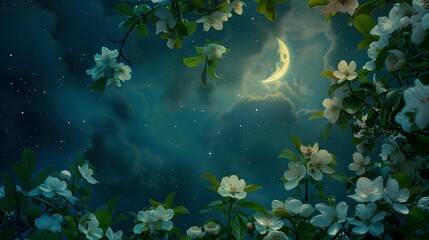 Looking from near to far,Looking through the dense Crabapple flowers and green leaves,There is a moon and stars in the quiet night sky,Crabapple flowers Charming,The soft moonlight