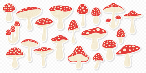 Vector Stickers with Hand Drawn Cartoon Fly Agaric Mushrooms. Amanita Muscaria, Fly Agaric Illustration, Mushrooms Collection. Magic Mushroom Set, Design Template