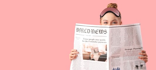 Young woman with sleep mask and newspaper on pink background with space for text