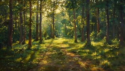 illustration of the dance of sunlight and shadow in a quiet forest glade