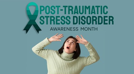 Stressed woman having panic attack on blue background. Post-Traumatic Stress Disorder Awareness...