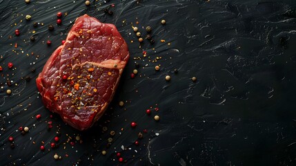 Meat steak. Beef steak dry aged with spices on black background. Top view.