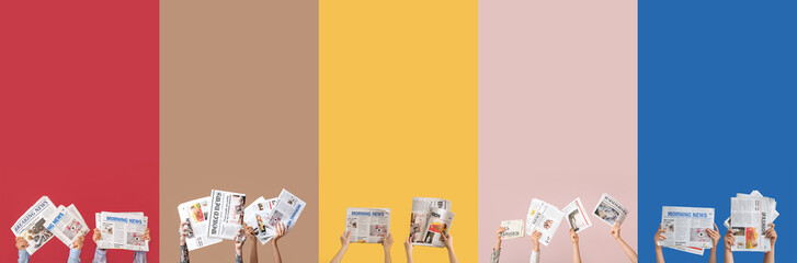 Collage of many hands holding newspapers on color background