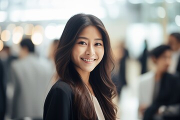 Portrait of a smiling Asian female in casual clothes and wavy long hair isolated on a blurred crowded public space background. Generative AI.