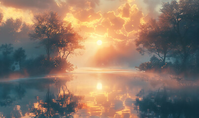 Fototapeta premium Highlight the tranquility of a mist-covered lake at sunrise