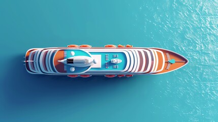 Cruise ship flat design, top view, ship theme, 3D render, Splitcomplementary color scheme