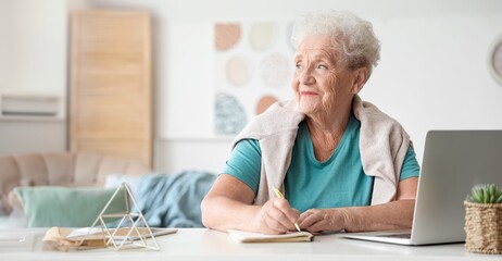 Senior woman with laptop writing in notebook at home