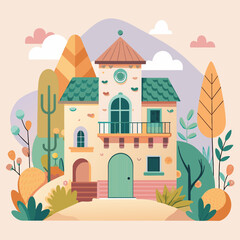 Minimalist village building, crafted in an adorable doodle style, Generative AI