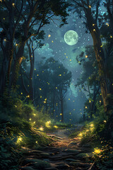 Highlight the enchantment of fireflies dancing in a moonlit forest clearing