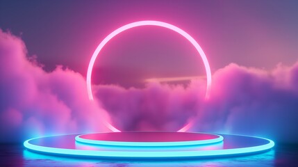 3d rendering, futuristic podium with glowing neon circle and clouds, pink blue colors, empty pedestal for product showcase, abstract background for presentation