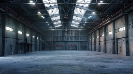 empty large warehouse with lighting and concrete walls realistic