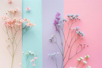 Beautiful colorful gypsophila flowers on a colorful striped background