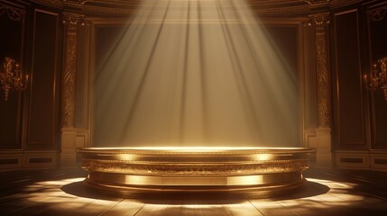 3D rendering of an empty golden podium with a spotlight in the center.