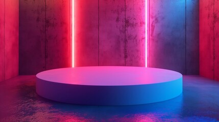 3d rendering of empty stage podium with glowing neon lights. Futuristic pedestal for product presentation.