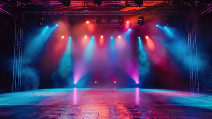 empty stage for performances with colorful lighting. a stage set up with spotlights and lighting...