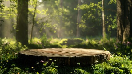 The photo shows a wooden stump in the middle of a lush green forest