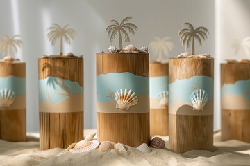The photo shows three wooden cylinders decorated with seashells and palm trees. They are placed on a sandy surface against a white background.