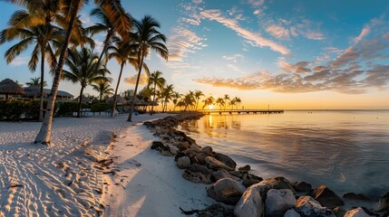 Fototapeta na wymiar Panorama view of footbridge to the Smathers beach at sunrise - Key West, Florida.