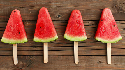 Watermelon slice popsicles on brown wood background.