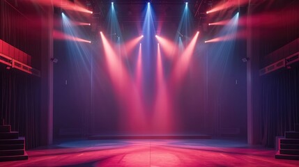 empty stage for performances with colorful lighting. a stage set up with spotlights and lighting...