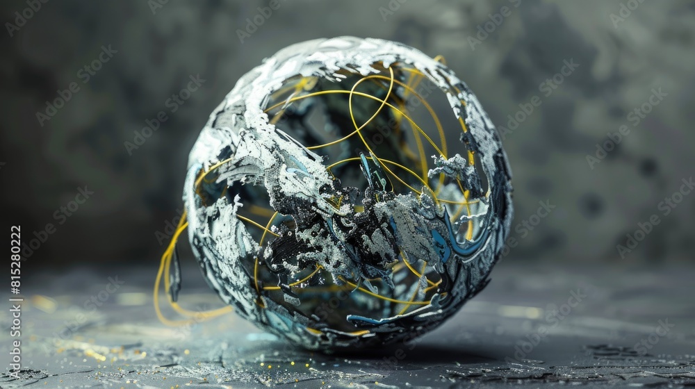 Poster a striking 3d rendering showcases an abstract piece featuring a stone sphere resembling earth marked