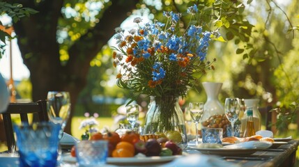 A delightful scene unfolds under the trees in the garden a vibrant Midsummer spread adorning the table with an array of drinks and food At the center a glass vase proudly displays a bouquet