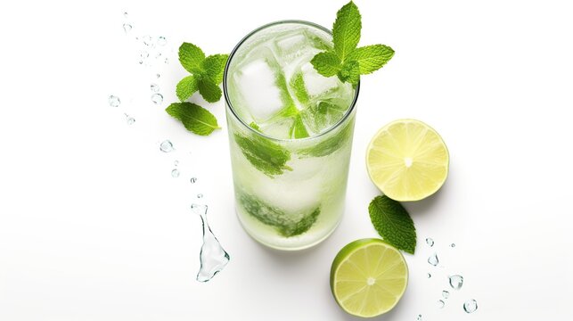 Mojito cocktail alcohol bar long drink traditional fresh tropical beverage top view copy space on white background
