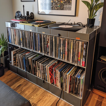 Metallic Silver Record Shelf with Artistic Divisions for Stylish and Organized Record Collection