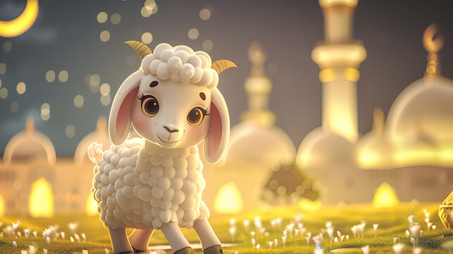 Brave lamb for Eid Al Adha with a majestic mosque,Beautiful eid ul adha,Eid ul adha a beautiful goat baby background beautiful mosque