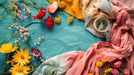A variety of fabrics and flowers, including electric blue petals and roses, are arranged on a table alongside fictional characters and fractal art AIG50